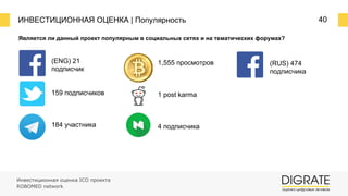 ИНВЕСТИЦИОННАЯ ОЦЕНКА | Популярность 40
Является ли данный проект популярным в социальных сетях и на тематических форумах?
(ENG) 21
подписчик
159 подписчиков
184 участника
1,555 просмотров
1 post karma
4 подписчика
(RUS) 474
подписчика
Инвестиционная оценка ICO проекта
ROBOMED network
 