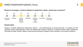 ИНВЕСТИЦИОННАЯ ОЦЕНКА | Рынок 8
Является ли продукт, который собирается предложить проект, наилучшим в сегменте?
Комментарий:
Продукт, который собирается предложить проект, – уже действующее на рынке решение, в то время как ICO
компании можно рассматривать лишь как обновление текущего продукта, в рамках которого будет добавлена
блокчейн-система. Однако, ввиду относительной молодости продукта, рано называть его лучшим в сегменте.
7 6 5 4 3 2 1
Полностью
согласен
Согласен Скорее
согласен,
чем не
согласен
Нейтрален Скорее не
согласен,
чем
согласен
Не согласен Полностью
не согласен
Инвестиционная оценка ICO проекта
ROBOMED network
 
