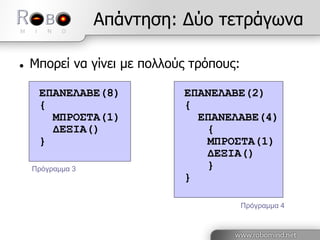 Απάληεζε: Γύν ηεηξάγσλα
 Μπνξεί λα γίλεη κε πνιινύο ηξόπνπο:
ΔΠΑΝΔΛΑΒΔ(8)
{
ΜΠΡΟ΢ΣΑ(1)
ΓΔΞΙΑ()
}
ΔΠΑΝΔΛΑΒΔ(2)
{
ΔΠΑΝΔΛΑΒΔ(4)
{
ΜΠΡΟ΢ΣΑ(1)
ΓΔΞΙΑ()
}
}
Ππόγπαμμα 3
Ππόγπαμμα 4
 