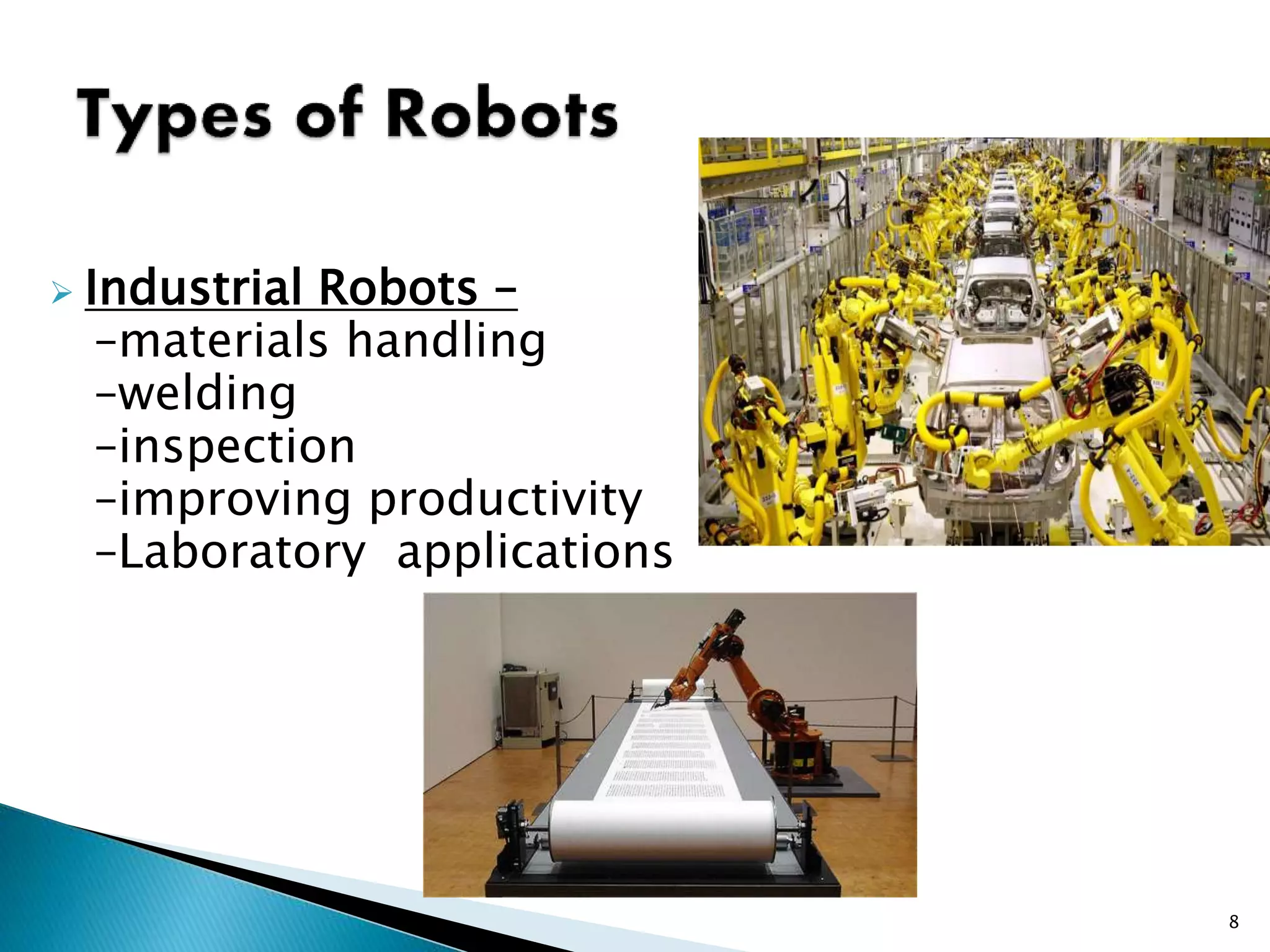  Industrial Robots –
–materials handling
–welding
–inspection
–improving productivity
–Laboratory applications
8
 