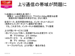 ϤͨŤΎ򤬆}
TVhϤͨŤयʹ
UY zoomΈϤϤꡢ¤Ȥ1.2Mbps̶ȤϱҪ
湲ФӻιФФȡˉ
լ`լѧΕrϡ󥿩`ͥåȤؤϤ
ĩ饤󥿩`ͥåȤأͨŤयk
Ǥ⡢ޤǤΡ󥿩`ͥåȽӾAؾϡ¤ҕ
Ϥ꤬`ӥע
?Ťޥ󥷥ǶतؾǤVDSLʹ`ӥ
 ¤70Mbps Ϥ꣺30Mbps
?ADSL`ӥ  Ϥ꤬
 ¤ 40Mbps Ϥ1Mbps
?`֥TV 󥿩`ͥåȽӾA
`֥ǥ Ϥ꤬ Ϥ
2020/6/18 2020 yukio kubo 21
 