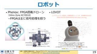 ロボット
• Phenox: FPGA搭載ドローン
（Xilinx Zynq XC7Z010）
­FPGAは主に信号処理を担う
19
• LOVOT
出典︓本郷⾶⾏機株式会社 - Phenoxプロジェクト http://phenoxlab.com/phenox2.html
テクノロジー | LOVOT[らぼっと] https://lovot.life/technology/
 