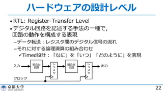 ハードウェアの設計レベル
• RTL: Register-Transfer Level
• デジタル回路を記述する⼿法の⼀種で，
回路の動作を構成する表現
­データ転送︓レジスタ間のデジタル信号の流れ
­それに対する論理演算の組み合わせ
üTimed設計︓「なに」を「いつ」「どのように」を表現
22
レ
ジ
ス
タ
組合せ
回路
レ
ジ
ス
タ
組合せ
回路
クロック
出⼒⼊⼒
 