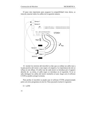 Construcción del Microbot                                                       MICROBÓTICA


    El paso más importante para asegurar la compatibilidad viene ahora, se
trata de conectar todos los cables de la siguiente manera.



                     Sensor 1
                     Sensor 2
                             JP1         J umper JP1 puesto -> Alimentación motores interna.
                                         Jumper JP1 quitado -> Alimentación motores externa.


                       VCC   GND M OTOR 2 M OTOR 1
                                                           CT293+


                       Negro



                                                                         Rojo
                 Sensor 1
                               Motor 2


                               Motor 1
                 Sensor 2




    Al montar los motores del microbot se dijo que se soldase un cable rojo a
la pata positiva del motor y uno negro a la negativa. La importancia de esto se
refleja en este dibujo. El cable rojo de cada motor se introduce por el agujero
derecho de su clema, el cable negro se introduce en el izquierdo. Si no se
sabe distinguir los cables del motor montarlos al azar, luego con el software
CT294 se podrá corregir la misma.

   Para probar el microbot se puede usar el software CT294, proporcionado
junto con otros programas en este kit. Para ejecutarlo teclear lo siguiente:

     C:> ct294

18
 