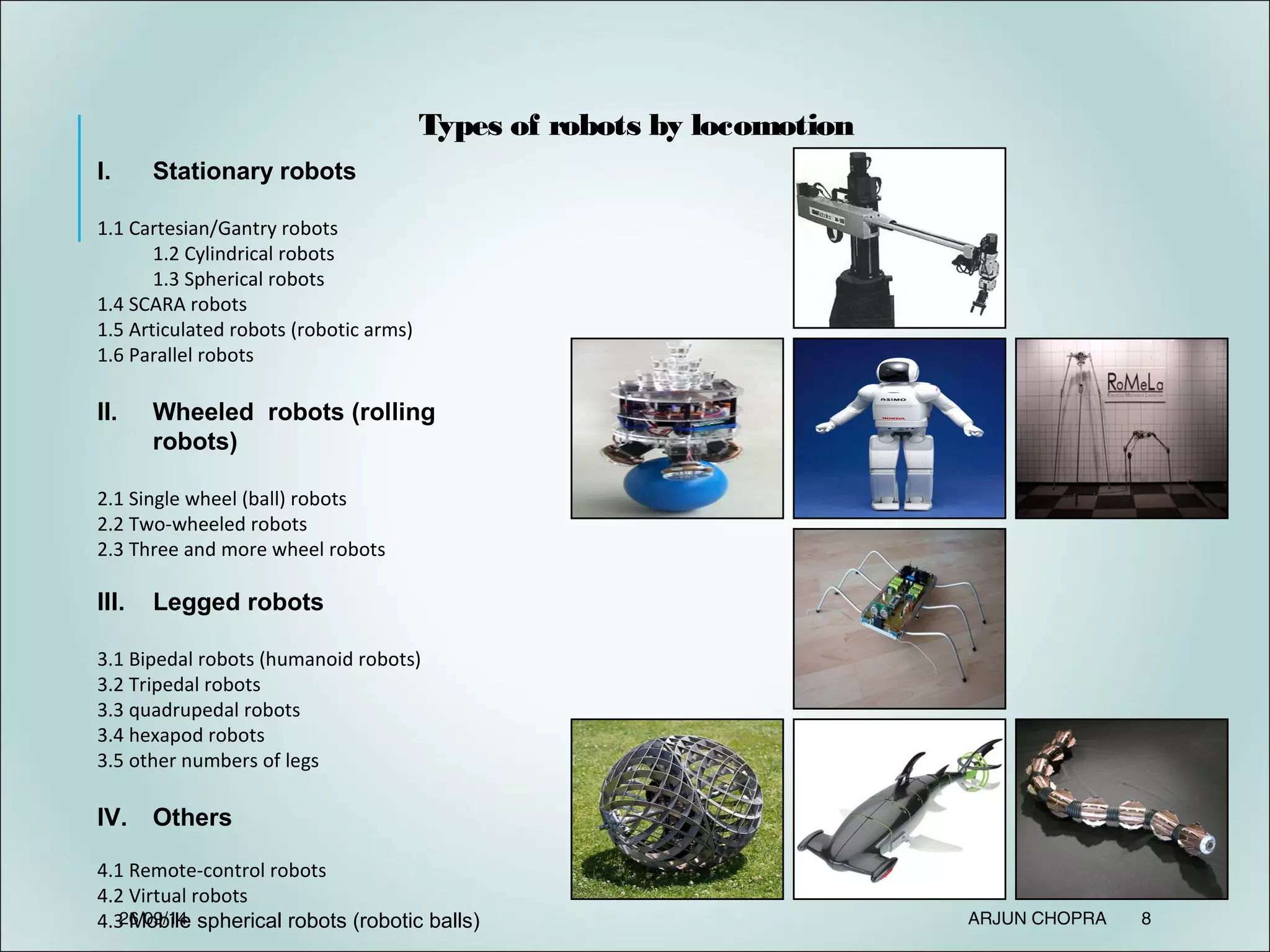 Types of robots by locomotion
I. Stationary robots
1.1 Cartesian/Gantry robots
1.2 Cylindrical robots
1.3 Spherical robots
1.4 SCARA robots
1.5 Articulated robots (robotic arms)
1.6 Parallel robots
II. Wheeled robots (rolling
robots)
2.1 Single wheel (ball) robots
2.2 Two-wheeled robots
2.3 Three and more wheel robots
III. Legged robots
3.1 Bipedal robots (humanoid robots)
3.2 Tripedal robots
3.3 quadrupedal robots
3.4 hexapod robots
3.5 other numbers of legs
IV. Others
4.1 Remote-control robots
4.2 Virtual robots
4.3 Mobile spherical robots (robotic balls)26/09/14 ARJUN CHOPRA 8
 