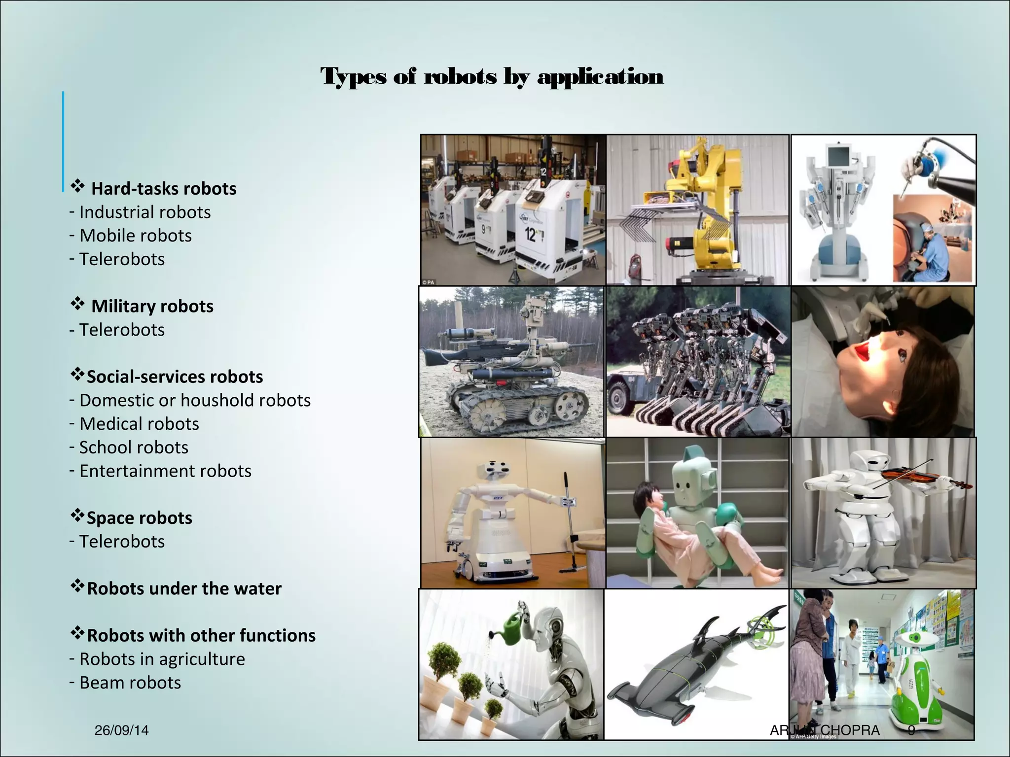 Types of robots by application
 Hard-tasks robots
- Industrial robots
- Mobile robots
- Telerobots
 Military robots
- Telerobots
Social-services robots
- Domestic or houshold robots
- Medical robots
- School robots
- Entertainment robots
Space robots
- Telerobots
Robots under the water
Robots with other functions
- Robots in agriculture
- Beam robots
26/09/14 ARJUN CHOPRA 9
 