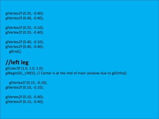 glVertex2f (0.35, -0.40);
glVertex2f (0.40, -0.40);
glVertex2f (0.35, -0.10);
glVertex2f (0.35, -0.40);
glVertex2f (0.40, -0.10);
glVertex2f (0.40, -0.40);
glEnd();
//left leg
glColor3f (1.0, 1.0, 1.0);
glBegin(GL_LINES); // Center is at the mid of main window due to glOrtho()
glVertex2f (0.15, -0.10);
glVertex2f (0.10, -0.10);
glVertex2f (0.10, -0.40);
glVertex2f (0.15, -0.40);
 