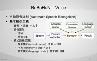 RoBoHoN C Voice
? ԄZRe (Automatic Speech Recognition)
? ģͼܘ
C  -> ƴ -> 
C ȡ
? ֎
? 
C ģʽӖ/ƥ
? Wģ (acoustic model) :  -> ƴ
? ֵ (dictionary) : ƴ -> 
? Zģ (language model ) : ZԽyӋҎ
34
 