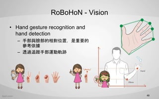 RoBoHoN - Vision
? Hand gesture recognition and
hand detection
C ֲcĘλãҪ

C ͸^׷ֲۙ\܉E
48
 