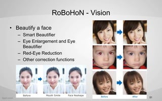 RoBoHoN - Vision
? Beautify a face
C Smart Beautifier
C Eye Enlargement and Eye
Beautifier
C Red-Eye Reduction
C Other correction functions
51
 