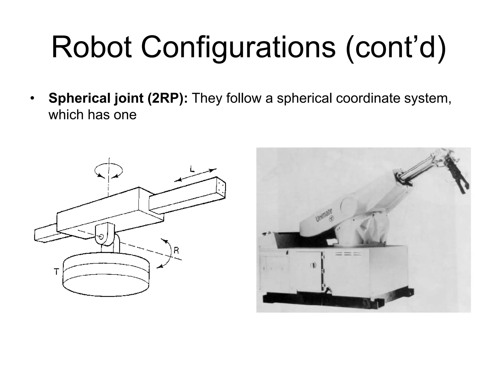 Robot Configurations (cont’d)
• Spherical joint (2RP): They follow a spherical coordinate system,
which has one
 