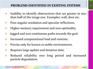 7
7
 Inability to identify obstructions that are greater in size
than half of the image size. Examples: wall, door etc.
 Poor angular resolution and specular reflections.
 Higher memory requirement and non-optimality.
 Jagged and non-continuous paths towards the goal.
 Increased computational load and runtime.
 Precise only for known or stable environments.
 Requires large update and iteration time.
 Reduced reliability over long period and increased
particle degradation.
PROBLEMS IDENTIFIED IN EXISTING SYSTEMS
4-Jun-21
J. STEFFI KERAN RANI 2015225022
 
