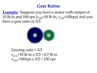 Gear Ratios
Example: Suppose you have a motor with output of
10 lb in and 100 rps (old=10 lb in, vold=100rps) and you
have a gear ratio of 2/3
Gearing ratio = 2/3
new=10 lb in x 2/3 = 6.7 lb in
vnew=100rps x 3/2 = 150 rps
 