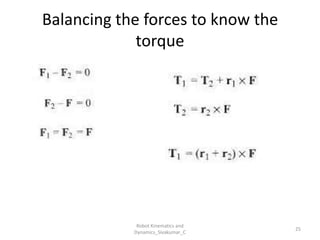 Balancing the forces to know the
torque
25
Robot Kinematics and
Dynamics_Sivakumar_C
 