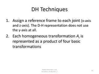 DH Techniques
1. Assign a reference frame to each joint (x-axis
and z-axis). The D-H representation does not use
the y-axis at all.
2. Each homogeneous transformation Ai is
represented as a product of four basic
transformations
32
Robot Kinematics and
Dynamics_Sivakumar_C
 