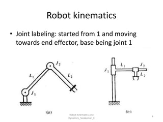 Robot kinematics
• Joint labeling: started from 1 and moving
towards end effector, base being joint 1
4
Robot Kinematics and
Dynamics_Sivakumar_C
 