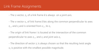 Link Frame Assignments
- The z-vector, zi, of a link frame i is always on a joint axis.
- The x-vector xi, of link frame i lies along the common perpendicular to axes
zi-1 and zi and is oriented from zi-1 to zi.
- The origin of link frame i is located at the intersection of the common
perpendicular to axes zi-1 and zi and joint axis zi.
- The direction of vector zi is always chosen so that the resulting twist angle
i is positive with the smallest possible magnitude.
 