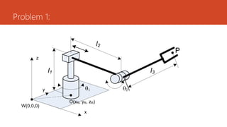 Problem 1:
1 2
l1
l2
l3
P
x
y
z
O(xR, yR, zR)
W(0,0,0)
 