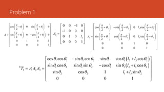 Problem 1
1 1
1 1
1
1
cos 0 sin 0
2 2
sin 0 cos 0
2 2
0 1 0
0 0 0 1
A
l
 
 
 
 
 
   
 
   
 
   
 
 
   
  
  
   
   
 
 
 
 
2
2
0 0 1 0
1 0 0 0
0 1 0
0 0 0 1
A
l

 
 

 

 
 
 
2 2 3 2
2 2 3 2
3
cos sin 0 cos
2 2 2
sin cos 0 sin
2 2 2
0 0 1 0
0 0 0 1
l
l
A
  
  
  
  
 
     
   
     
 
     
 
 
     
  
  
     
     
 
 
 
 
 
 
1 2 1 2 1 1 2 3 2
0 1 2 1 2 1 1 2 3 2
3 1 2 3
2 2 1 3 2
cos cos sin cos sin cos cos
sin cos sin sin cos sin cos
sin cos 1 sin
0 0 0 1
l l
l l
T A A A
l l
      
      
  
   
 
 
 
 
 

 
 
 