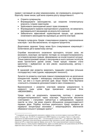 правил і мотивацій на рівні мікроекономіки, які спрямовують конкурентну
боротьбу таким чином, щоб вона сприяла росту продуктивності:

     •   Сприяти суперництву
     •   Впроваджувати законодавство, що охороняє інтелектуальну
         власність і сприяє інвестиціям
     •   Здійснювати законодавчий захист прав споживачів
     •   Впроваджувати правила корпоративного управління, які вимагають
         відповідальності менеджерів за результати компаній
     •   Забезпечити ефективний нормотворчий процес, що дозволяє
         оновлювати законодавство відповідно до запитів кластерів

     Четверта супер-роль Урядів: стимулювання розвитку і вдосконалення
     кластерів – всіх без виключення, чи надання пріоритетів.
     Додатковою задачею Уряду може бути стимулювання комунікацій і
     колективних дій в приватному секторі.
     Спробам економічного оновлення протидіють потужні сили, які
     виникають внаслідок застарілих поглядів на конкурентоспроможність
     чи інтересів великих гравців, сформованих на основі існуючої ситуації.
     Тільки довгостроковий процес з залученням в нього сильних інститутів
     може протистояти даним силам. Такий процес повинен стати
     ідеологією і відбуватися на всіх рівнях: національному, регіону і
     муніципалітету.
     В однаковій мірі розвитку вимагають традиційні кластери (сільське
     господарство) і нові (туризм, інформаційні технології).
     Зусилля по розвитку кластерів повинні спрямовуватися на досягнення
     конкурентних переваг і міжнародну спеціалізацію, а не повторення
     того, що вже є в інших регіонах (див. вище теорію Пола Кругмана
     «схильність споживачів урізноманітнювати своє споживання»).
     Вдосконалення і            розвиток кластерів вимагає усвідомлення їх
     наявності  (цим            цілям   буде   присвячено  наступний  блок
     «МЕХАНІЗМИ»).
     Уряди часто не розрізняють промислову політику і розвиток
     конкурентоспроможності через кластери. Результатом мислення
     «секторами» і «галузями» найчастіше є субсидіювання, надання
     грантів чи пільг. Це може сприяти збільшенню конкурентоздатності
     окремих фірм. Подібна політика українського Уряду призвела до
     надмірної концентрації економіки і непропорційного збагачення
     обмеженої кількості громадян країни13.

13
  Суммарный доход предприятий, вошедших в первую сотню, по итогам первого полугодия 2009 года
достиг 334 млрд. грн. Это 85,5% от номинального ВВП Украины за этот период. Треть от этой суммы
приходится на нефтегазовый сектор, 20% — на металлургию и около 18% — на энергетику. При этом в
сравнении с прошлым годом металлургия уменьшила свою доходность на 40%, нефтегазовый сектор
ужался на 4,5%, а энергетика выросла. Правда, всего на 4%. Зато существенный рост показали пищевая,
табачная отрасли, а также розница и фармацевтика. Даже в условиях кризиса они существенно (на 20-50%)
нарастили свою доходность. Такод див. рейтинги найбагатших українців.



                                                                                                  34
 