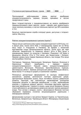 Гостинично-ресторанный бизнес, туризм              3331      3934


Пропонований      роботодавцями              рівень      зарплат     відображає
конкурентоспроможність окремих              галузей,     принаймні   в частині
продуктивності праці.
Данні Інтернет-порталів з працевлаштування не можуть відображати
середньогалузевого рівня зарплат, однак і офіційні дані демонструють
лише легальну економіку, в частині легальних зарплат (до 50% економіки
в тіні).
Бачиться перспективною спроба інтеграції даних, доступних з Інтернет-
сайтів і Мінстату.


Рейтинг конкурентоспроможності регіонів України16:
Перше місце в регіональному індексі конкурентоздатності в 2010 році, як і
в минулі роки, посіло місто Київ. У міжнародному індексі він на 59-му
місці поруч із Угорщиною й Панамою. За Києвом з незначним
відставанням слідує Дніпропетровська область. Потім ідуть дві пари
областей: Закарпатська та Львівська області (67-е й 69-е місце в
міжнародному індексі, по сусідству з Уругваєм і Румунією) і АР Крим із
Донецькою областю (72-е й 73-е місця, між Казахстаном і Латвією).
Замикає умовну групу лідерів Харківська область, яка посідає 76-е місце
між Колумбією і Єгиптом.
Полтавська, Черкаська, Хмельницька, Запорізька, Одеська, Луганська й
Херсонська      області     перебувають        у    середині    індексу
конкурентоспроможності.     Низький     рівень   конкурентоспроможності
демонструють Волинська, Рівненська, Івано-Франківська, Сумська,
Житомирська області. Замикає регіональний рейтинг Вінницька область.
Вона посіла 111-е місце й сусідить із Сенегалом і Сербією.
Регіональні диспропорції сформувалися як наслідок неефективної
економічної, зокрема, регіональної політики українських урядів.
Централізація бізнесових рішень лише поглибила існуючу дивергенцію
розвитку територій, яка пояснюється нерівномірним розподілом
природних ресурсів та факторів виробництва, а отже, нерівномірним
внеском у створення доданої вартості. Ключовим фактором перетоку
факторів виробництва і прийняття рішень щодо місця базування бізнесу
стала наближеність до відповідних дозвільних органів і органів державної
влади. Тісні зв’язки з владою, участь і фінансування бізнесом політики
обумовили переважно столичне місцезнаходження українських і
міжнародних компаній.
Депресивними сьогодні є такі регіони Західної України, як Тернопільська,
Волинська, Закарпатська, Чернівецька області. Міжнародну спеціалізацію

16
  Дослідження Фонду «Ефективне Управління»
http://www.feg.org.ua/ua/news/foundation_news/230.html


                                                                            38
 