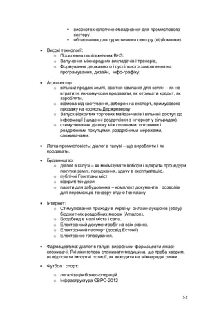    високотехнологічне обладнання для промислового
                 сектору,
                обладнання для туристичного сектору (підйомники).

•   Високі технології:
       o Посилення політехнічних ВНЗ:
       o Залучення міжнародних викладачів і тренерів,
       o Формування державного і суспільного замовлення на
          програмування, дизайн, інфо-графіку.

•   Агро-сектор:
       o вільний продаж землі, освітня кампанія для селян – як не
          втратити, як-кому-коли продавати, як отримати кредит, як
          заробляти.
       o відмова від квотування, заборон на експорт, примусового
          продажу на користь Держрезерву.
       o Запуск відкритих торгових майданчиків і вільний доступ до
          інформації (щоденні роздруківки з Інтернет у сільрадах).
       o стимулювання діалогу між селянами, оптовими і
          роздрібними покупцями, роздрібними мережами,
          споживачами.

•   Легка промисловість: діалог в галузі – що виробляти і як
    продавати.

•   Будівництво:
       o діалог в галузі – як мінімізувати побори і відкрити процедури
          покупки землі, погодження, здачу в експлуатацію.
       o публічні Генплани міст.
       o відкриті тендери
       o пакети для забудовника – комплект документів і дозволів
          для переможців тендеру згідно Генплану

•   Інтернет:
       o Стимулювання приходу в Україну онлайн-аукціонів (ebay),
          бюджетних роздрібних мереж (Amazon).
       o Бродбенд в малі міста і села.
       o Електронний документообіг на всіх рівнях.
       o Електронний паспорт (досвід Естонії)
       o Електронне голосування.

•   Фармацевтика: діалог в галузі: виробники-фармацевти-лікарі-
    споживачі. Які ліки готова споживати медицина, що треба хворим,
    як відтісняти імпортні позиції, як виходити на міжнародні ринки.

•   Футбол і спорт:
       o легалізація бізнес-операцій.
       o Інфраструктура ЄВРО-2012


                                                                     52
 