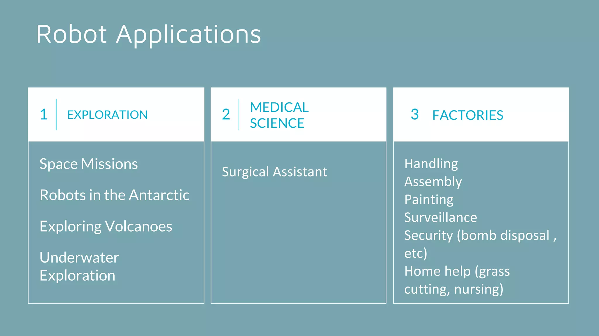 Robot Applications
1 EXPLORATION
Space Missions
Robots in the Antarctic
Exploring Volcanoes
Underwater
Exploration
2
MEDICAL
SCIENCE
Surgical Assistant
Handling
Assembly
Painting
Surveillance
Security (bomb disposal ,
etc)
Home help (grass
cutting, nursing)
3 FACTORIES
 