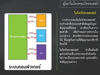 ไมโครโปรเซสเซอร์
การทางานของไมโครโพรเซสเซอร์
จะทาหน้าที่ประมวลคาสั่งข้อมูลในรูป
สัญญาณดิจิตอล มาเทียบกับตาราง
ชุดคาสั่ง เพื่อกาหนดการทางานใน
แบบต่างๆ ส่วนอัตราการประมวลผล
นั้น ขึ้นอยู่กับความถี่สัญญาณนาฬิกาที่
ป้ อนให้
ไมโครโพรเซสเซอร์ จาเป็นต้องมี
อุปกรณ์ร่วมอื่นๆประกอบเข้าด้วยกัน
ไม่ว่าจะเป็นหน่วยความจา อุปกรณ์รับ-
ส่งสัญญาณต่างๆ
สู่โลกไมโครคอนโทรลเลอร์
 
