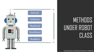 METHODS
UNDER ROBOT
CLASS
KeyRelease()
KeyPress()
MouseMove()
MousePress()
MouseRelease()
www.edureka.co/testing-with-selenium-webdriver
 