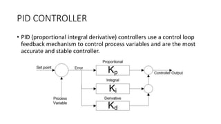 PID CONTROLLER
• PID (proportional integral derivative) controllers use a control loop
feedback mechanism to control process variables and are the most
accurate and stable controller.
 