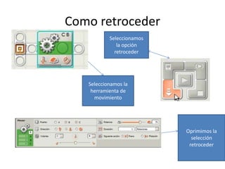 Como retroceder
Seleccionamos la
herramienta de
movimiento
Oprimimos la
selección
retroceder
Seleccionamos
la opción
retroceder
