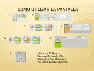 COMO UTILIZAR LA PANTALLA
1
7 Utilizamos El Tiempo,
Después Se Inserta Otro
Dispositivo Para Reiniciar Y
Por Ultimo Lo Reproducimos
43
2
5 6