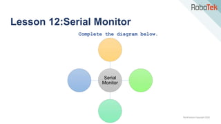 TechFactors Copyright 2020
Lesson 12:Serial Monitor
Complete the diagram below.
Serial
Monitor
 