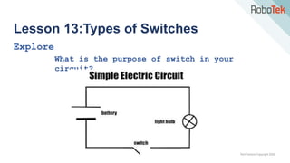 TechFactors Copyright 2020
Lesson 13:Types of Switches
Explore
What is the purpose of switch in your
circuit?
 