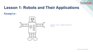 TechFactors Copyright 2020
Example:
Lesson 1: Robots and Their Applications
Place your Explanation
here
 