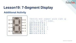 TechFactors Copyright 2020
Lesson19: 7-Segment Display
Additional Activity
Identify what segment would light up
using 1’s and 0’s codes.
1)0 0 0 0 0 0 1 –
2)0 0 0 0 1 1 0 –
3)1 1 1 1 1 1 1 –
4)1 0 0 1 1 0 1 –
5)1 1 1 0 0 1 0 –
6)0 1 0 1 0 1 0 –
 