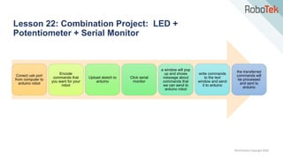 TechFactors Copyright 2020
Lesson 22: Combination Project: LED +
Potentiometer + Serial Monitor
Conect usb port
from computer to
arduino robot
Encode
commands that
you want for your
robot
Upload sketch to
arduino
Click serial
monitor
a window will pop
up and shows
message about
commands that
we can send to
arduino robot
write commands
to the text
window and send
it to arduino
the transferred
commands will
be processed
and sent to
arduino
 