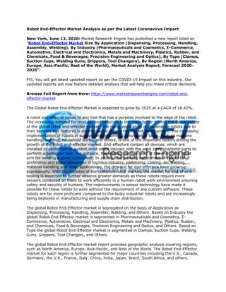 Robot End-Effector Market Analysis as per the Latest Coronavirus Impact
New York, June 13, 2020: Market Research Engine has published a new report titled as
“Robot End-Effector Market Size By Application (Dispensing, Processing, Handling,
Assembly, Welding), By Industry (Pharmaceuticals and Cosmetics, E-Commerce,
Automotive, Electrical and Electronics, Metals and Machinery, Plastics, Rubber, and
Chemicals, Food & Beverages, Precision Engineering and Optics), By Type (Clamps,
Suction Cups, Welding Guns, Grippers, Tool Changers), By Region (North America,
Europe, Asia-Pacific, Rest of the World), Market Analysis Report, Forecast 2020-
2025”.
FYI, You will get latest updated report as per the COVID-19 Impact on this industry. Our
updated reports will now feature detailed analysis that will help you make critical decisions.
Browse Full Report from Here: https://www.marketresearchengine.com/robot-end-
effector-market
The Global Robot End-Effector Market is expected to grow by 2025 at a CAGR of 18.42%.
A robot end effector raises to any tool that has a purpose involved to the edge of the robot.
The increasing demand for modular end-effectors is the main factor driving the development
of the global robot end-effector market. The rising application of cooperative robots due to
their benefits and features is another factor driving the market development. The increasing
implementation of robots in support and performing a number of tasks, such as machine
handling, welding, household works, and others, is one of the important factors driving the
growth of the robot end-effector market. End-effectors contain all devices, which are
installed or connected at a robot wrist which interact with the work components or parts to
perform a particular task. For instance, the welding torch is used at the end of the robot
arm for welding a given component. In adding, the growing deployment of robots for
preference and place operations in logistics industry, palletizing, casting, arc welding,
material handling and other applications, the demand for end-effectors have grownup
expressively. With the increase of the collective robot market, the market for end of arm
tooling is expected to further observe greater demands as these robots require more
sensors combined on them to work efficiently in a human-robot work environment ensuring
safety and security of humans. The improvements in sensor technology have made it
possible for these robots to work without the requirement of any custom software. These
robots are far more proficient compared to the bulky industrial robots and are increasingly
being deployed in manufacturing and supply chain distribution.
The global Robot End-Effector market is segregated on the basis of Application as
Dispensing, Processing, Handling, Assembly, Welding, and Others. Based on Industry the
global Robot End-Effector market is segmented in Pharmaceuticals and Cosmetics, E-
Commerce, Automotive, Electrical and Electronics, Metals and Machinery, Plastics, Rubber,
and Chemicals, Food & Beverages, Precision Engineering and Optics, and Others. Based on
Type the global Robot End-Effector market is segmented in Clamps, Suction Cups, Welding
Guns, Grippers, Tool Changers, and Others.
The global Robot End-Effector market report provides geographic analysis covering regions,
such as North America, Europe, Asia-Pacific, and Rest of the World. The Robot End-Effector
market for each region is further segmented for major countries including the U.S., Canada,
Germany, the U.K., France, Italy, China, India, Japan, Brazil, South Africa, and others.
 