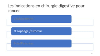 Les indications en chirurgie digestive pour
cancer
Colon/rectum
Œsophage /estomac
Foie/Pancréas
16
 