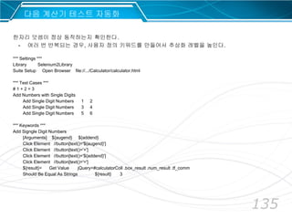 135
다음 계산기 테스트 자동화
*** Settings ***
Library Selenium2Library
Suite Setup Open Browser file://.../Calculator/calculator.html
*** Test Cases ***
# 1 + 2 = 3
Add Numbers with Single Digits
Add Single Digit Numbers 1 2
Add Single Digit Numbers 3 4
Add Single Digit Numbers 5 6
*** Keywords ***
Add Signgle Digit Numbers
[Arguments] ${augend} ${addend}
Click Element //button[text()='${augend}']
Click Element //button[text()='+']
Click Element //button[text()='${addend}']
Click Element //button[text()='=']
${result}= Get Value jQuery=#calculatorColl .box_result .num_result .tf_comm
Should Be Equal As Strings ${result} 3
한자리 덧셈이 정상 동작하는지 확인한다.
- 여러 번 반복되는 경우, 사용자 정의 키워드를 만들어서 추상화 레벨을 높인다.
 