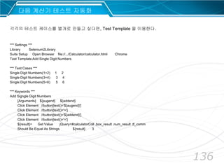 136
다음 계산기 테스트 자동화
*** Settings ***
Library Selenium2Library
Suite Setup Open Browser file://.../Calculator/calculator.html Chrome
Test Template Add Single Digit Numbers
*** Test Cases ***
Single Digit Numbers(1+2) 1 2
Single Digit Numbers(3+4) 3 4
Single Digit Numbers(5+6) 5 6
*** Keywords ***
Add Signgle Digit Numbers
[Arguments] ${augend} ${addend}
Click Element //button[text()='${augend}']
Click Element //button[text()='+']
Click Element //button[text()='${addend}']
Click Element //button[text()='=']
${result}= Get Value jQuery=#calculatorColl .box_result .num_result .tf_comm
Should Be Equal As Strings ${result} 3
각각의 테스트 케이스를 별개로 만들고 싶다면, Test Template 을 이용한다.
 