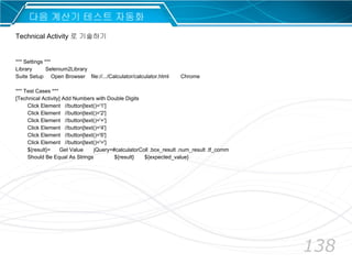 138
다음 계산기 테스트 자동화
*** Settings ***
Library Selenium2Library
Suite Setup Open Browser file://.../Calculator/calculator.html Chrome
*** Test Cases ***
[Technical Activity] Add Numbers with Double Digits
Click Element //button[text()='1']
Click Element //button[text()='2']
Click Element //button[text()='+']
Click Element //button[text()='4']
Click Element //button[text()='6']
Click Element //button[text()='=']
${result}= Get Value jQuery=#calculatorColl .box_result .num_result .tf_comm
Should Be Equal As Strings ${result} ${expected_value}
Technical Activity 로 기술하기
 