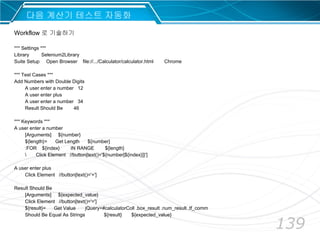 139
다음 계산기 테스트 자동화
*** Settings ***
Library Selenium2Library
Suite Setup Open Browser file://.../Calculator/calculator.html Chrome
*** Test Cases ***
Add Numbers with Double Digits
A user enter a number 12
A user enter plus
A user enter a number 34
Result Should Be 46
*** Keywords ***
A user enter a number
[Arguments] ${number}
${length}= Get Length ${number}
:FOR ${index} IN RANGE ${length}
 Click Element //button[text()='${number[${index}]}']
A user enter plus
Click Element //button[text()='+']
Result Should Be
[Arguments] ${expected_value}
Click Element //button[text()='=']
${result}= Get Value jQuery=#calculatorColl .box_result .num_result .tf_comm
Should Be Equal As Strings ${result} ${expected_value}
Workflow 로 기술하기
 