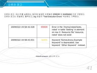 41
20090322 19:58:42.528 ERROR Error in file '/home/robot/tests.
robot' in table 'Setting' in element
on row 2: Resource file 'resource.
robot' does not exist
20090322 19:58:43.931 WARN Keyword 'SomeLibrary.Example
Keyword' is deprecated. Use
keyword `Other Keyword` instead.
<RobotFramework 실행 오류 로그>
오류와 경고 : 테스트를 실행하는 동안에 발생한 오류들은 ERROR 와 WARNING 으로 구분된다.
오류와 경고는 콘솔에도 출력되고, log 파일의 “Test Execution Errors” 섹션에도 기록된다.
오류와 경고
 