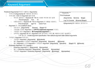 68
Keyword Argument
Positional Arguments(위치로 식별하는 Arguments)
- 키워드에 [Arguments] 를 이용하여 정의한다.
- 키워드를 사용할 때 Argument 결정 방법
- 위치로 결정하기 : Keyword 를 부를 때 사용된 위치에 따라 결정
- Print Employee Tom 10
- 이름지정하기 : Keyword 를 부를 때 Argument 의 이름을 지정한다.
- Print Employee age=10 name=Tom
- Argument 의 기본값(default value)
- 지정 방식 : [Arguments] ${name} ${age}=10
- 기본값을 지정한 Argument 는 선택적인(optional) argument 가 된다.
- 기본값이 없는 Argument 는 필수(required) argument 다.
- 선택적인 argument 를 필수 argument 앞에 정의하면, 키워드를 부를 때 오류가 발생한다.
- 오류 메시지 : Invalid argument specification: Non-default argument after default arguments.
- 가변길이 Argument 지정 방식
- 가변길이 Argument : [Arguments] @{students}
- 필수 Argument + 가변길이 Argument : [Arguments] ${student} @{friends}
- 필수 Argument + 선택 Argument + 가변길이 Argument : [Arguments] ${student} ${age}=10 @{friends}
- Dictionary Argument 지정 ( kwargs )
- Dictionary Argument 만 : [Arguments] &{properties}
- 필수 + Dictionary Argument : [Arguments] ${teacher} &{properties}
- 가변길이 Argument + Dictionary Argument : [Arguments] @{varargs} &{properties}
*** Keywords ***
Print Employee
[Arguments] ${name} ${age}
Log To Console (${name},${age})
<[Arguments] 를 이용해서 정의하기>
 