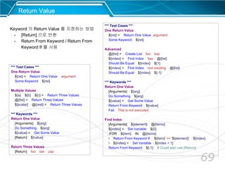 69
Return Value
*** Test Cases ***
One Return Value
${ret} = Return One Value argument
Some Keyword ${ret}
Multiple Values
${a} ${b} ${c} = Return Three Values
@{list} = Return Three Values
${scalar} @{rest} = Return Three Values
*** Keywords ***
Return One Value
[Arguments] ${arg}
Do Something ${arg}
${value} = Get Some Value
[Return] ${value}
Return Three Values
[Return] foo bar zap
Keyword 의 Return Value 를 지정하는 방법
- [Return] 으로 반환
- Return From Keyword / Return From
Keyword If 를 사용
*** Test Cases ***
One Return Value
${ret} = Return One Value argument
Some Keyword ${ret}
Advanced
@{list} = Create List foo baz
${index} = Find Index baz @{list}
Should Be Equal ${index} ${1}
${index} = Find Index non existing @{list}
Should Be Equal ${index} ${-1}
*** Keywords ***
Return One Value
[Arguments] ${arg}
Do Something ${arg}
${value} = Get Some Value
Return From Keyword ${value}
Fail This is not executed
Find Index
[Arguments] ${element} @{items}
${index} = Set Variable ${0}
:FOR ${item} IN @{items}
 Return From Keyword If '${item}' == '${element}' ${index}
 ${index} = Set Variable ${index + 1}
Return From Keyword ${-1} # Could also use [Return]
 
