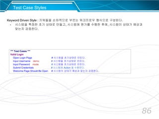 86
Test Case Styles
*** Test Cases ***
Valid Login
Open Login Page # 시스템을 초기상태로 만든다.
Input Username demo # 시스템을 초기상태로 만든다.
Input Password mode # 시스템을 초기상태로 만든다.
Submit Credentials # 시스템에 Action 을 수행한다.
Welcome Page Should Be Open # 시스템의 상태가 예상과 맞는지 검증한다.
Keyword Driven Style : 키워들을 순차적으로 부르는 워크프로우 형식으로 구성된다.
- 시스템을 특정한 초기 상태로 만들고, 시스템에 뭔가를 수행한 후에, 시스템이 상태가 예상과
맞는지 검증한다.
 
