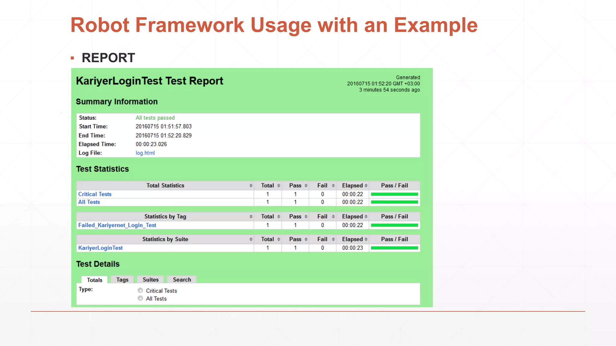Robot Framework Usage with an Example
▪ REPORT
 