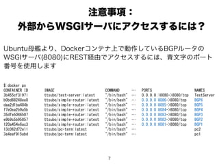 7
$	
 docker	
 ps	
 
CONTAINER	
 ID	
 	
 	
 	
 	
 	
 	
 	
 IMAGE	
 	
 	
 	
 	
 	
 	
 	
 	
 	
 	
 	
 	
 	
 	
 	
 	
 	
 	
 	
 	
 	
 	
 	
 	
 COMMAND	
 	
 	
 	
 	
 	
 …	
 	
 	
 PORTS	
 	
 	
 	
 	
 	
 	
 	
 	
 	
 	
 	
 	
 	
 	
 	
 	
 	
 	
 	
 	
 NAMES	
 
3b455cf31971	
 	
 	
 	
 	
 	
 	
 	
 ttsubo/test-server:latest	
 	
 	
 	
 	
 "/bin/bash"	
 	
 …	
 	
 	
 0.0.0.0:10080->8080/tcp	
 	
 	
 TestServer	
 	
 	
 
b0bd88248ee8	
 	
 	
 	
 	
 	
 	
 	
 ttsubo/simple-router:latest	
 	
 	
 "/bin/bash"	
 	
 …	
 	
 	
 0.0.0.0:8086->8080/tcp	
 	
 	
 	
 BGP6	
 	
 	
 	
 	
 	
 	
 	
 	
 
daa2d1ba484b	
 	
 	
 	
 	
 	
 	
 	
 ttsubo/simple-router:latest	
 	
 	
 "/bin/bash"	
 	
 …	
 	
 	
 0.0.0.0:8085->8080/tcp	
 	
 	
 	
 BGP5	
 	
 	
 	
 	
 	
 	
 	
 	
 
f7e0ea2b9a5b	
 	
 	
 	
 	
 	
 	
 	
 ttsubo/simple-router:latest	
 	
 	
 "/bin/bash"	
 	
 …	
 	
 	
 0.0.0.0:8084->8080/tcp	
 	
 	
 	
 BGP4	
 	
 	
 	
 	
 	
 	
 	
 	
 
35dfe5046507	
 	
 	
 	
 	
 	
 	
 	
 ttsubo/simple-router:latest	
 	
 	
 "/bin/bash"	
 	
 …	
 	
 	
 0.0.0.0:8083->8080/tcp	
 	
 	
 	
 BGP3	
 	
 	
 	
 	
 	
 	
 	
 	
 
e9b9c5b95857	
 	
 	
 	
 	
 	
 	
 	
 ttsubo/simple-router:latest	
 	
 	
 "/bin/bash"	
 	
 …	
 	
 	
 0.0.0.0:8082->8080/tcp	
 	
 	
 	
 BGP2	
 	
 	
 	
 	
 	
 	
 	
 	
 
120a454e6ac3	
 	
 	
 	
 	
 	
 	
 	
 ttsubo/simple-router:latest	
 	
 	
 "/bin/bash"	
 	
 …	
 	
 	
 0.0.0.0:8081->8080/tcp	
 	
 	
 	
 BGP1	
 	
 	
 	
 	
 	
 	
 	
 	
 
13c062d72e11	
 	
 	
 	
 	
 	
 	
 	
 ttsubo/pc-term:latest	
 	
 	
 	
 	
 	
 	
 	
 	
 "/bin/bash"	
 	
 …	
 	
 	
 	
 	
 	
 	
 	
 	
 	
 	
 	
 	
 	
 	
 	
 	
 	
 	
 	
 	
 	
 	
 	
 	
 	
 	
 	
 	
 pc2	
 	
 	
 	
 	
 	
 	
 	
 	
 	
 
3e4eaf915abd	
 	
 	
 	
 	
 	
 	
 	
 ttsubo/pc-term:latest	
 	
 	
 	
 	
 	
 	
 	
 	
 "/bin/bash"	
 	
 …	
 	
 	
 	
 	
 	
 	
 	
 	
 	
 	
 	
 	
 	
 	
 	
 	
 	
 	
 	
 	
 	
 	
 	
 	
 	
 	
 	
 	
 pc1	
 
Ubuntu母艦より、Dockerコンテナ上で動作しているBGPルータの
WSGIサーバ(8080)にREST経由でアクセスするには、青文字のポート
番号を使用します
注意事項：
外部からWSGIサーバにアクセスするには？
 