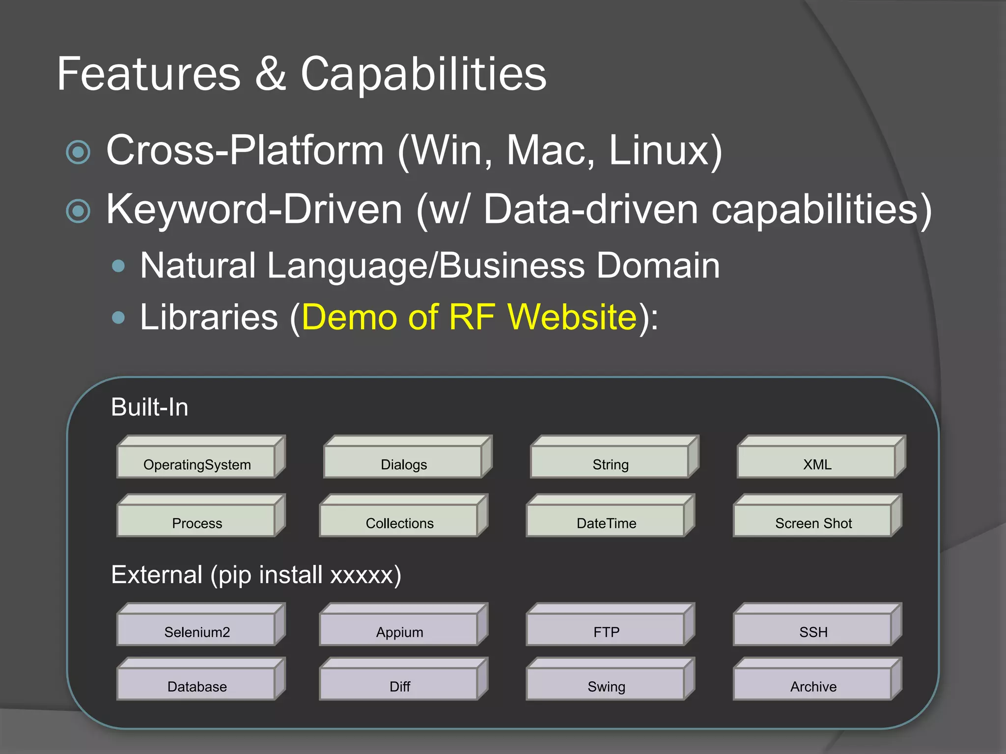 Features & Capabilities
ž  Cross-Platform (Win, Mac, Linux)
ž  Keyword-Driven (w/ Data-driven capabilities)
—  Natural Language/Business Domain
—  Libraries (Demo of RF Website):
Built-In
External (pip install xxxxx)
OperatingSystem
Process
Dialogs String XML
Collections DateTime Screen Shot
Selenium2 Appium FTP SSH
Database Diff Swing Archive
 